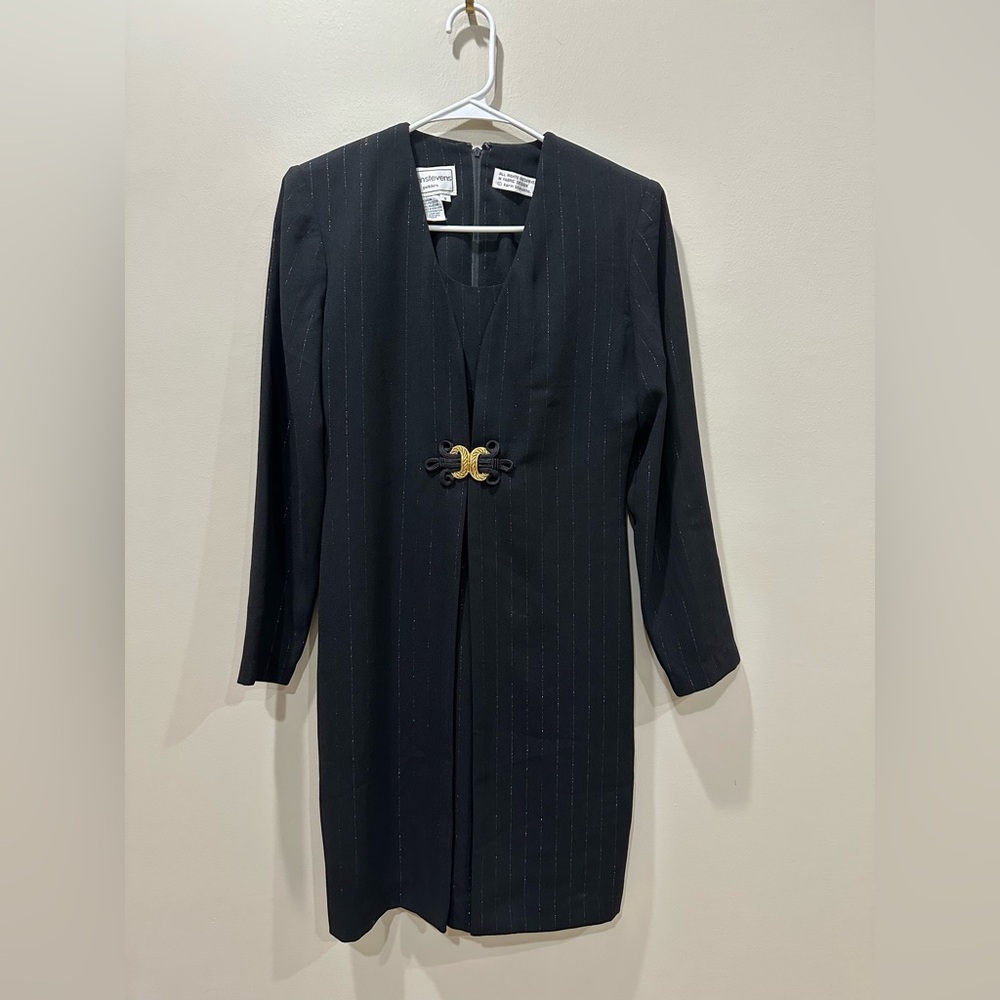 Karin Stevens Petite Black Pinstripe Long Sleeve Dress